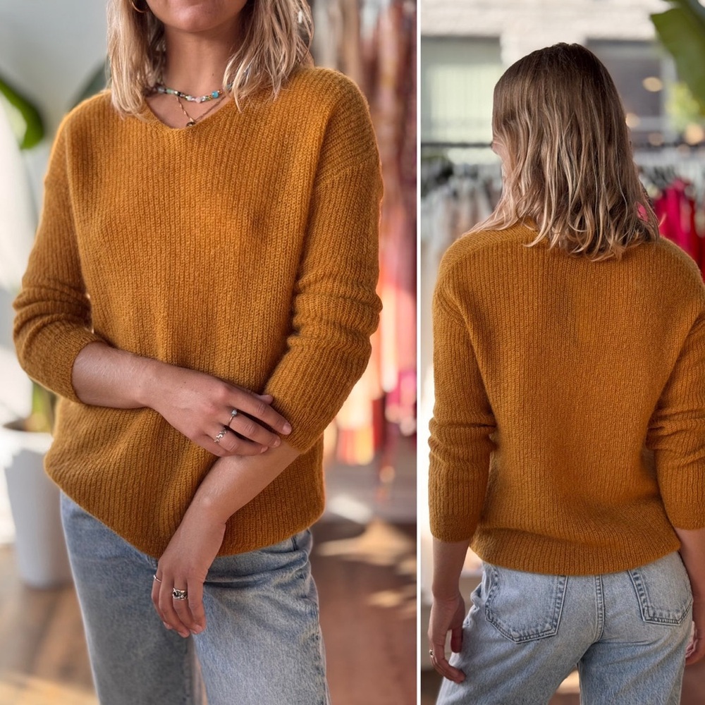 Jenni Kayne Kid Mohair Blend V-Neck Sweater Marigold Size XL Fall Cozy Cabincore